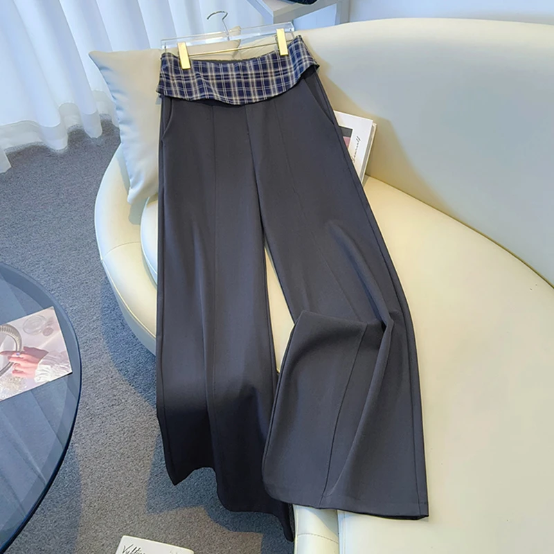 韩系拼接设计感休闲裤女春季新款百搭直筒阔腿西装裤春装长款裤子