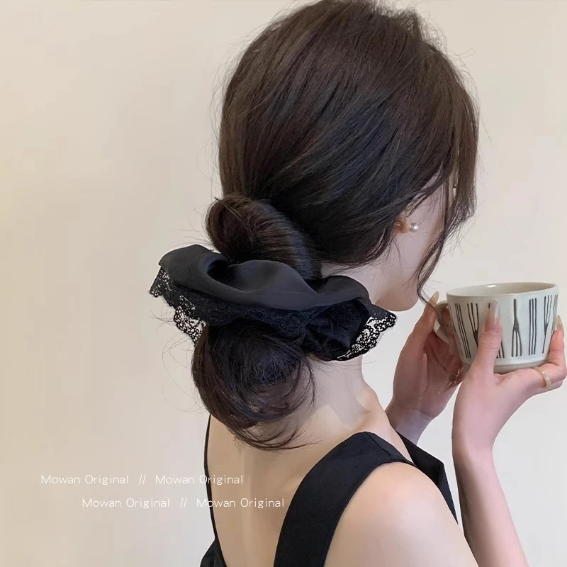 黑色简约蕾丝大肠发圈女新款百搭高级感发绳高弹力橡皮筋头绳皮套