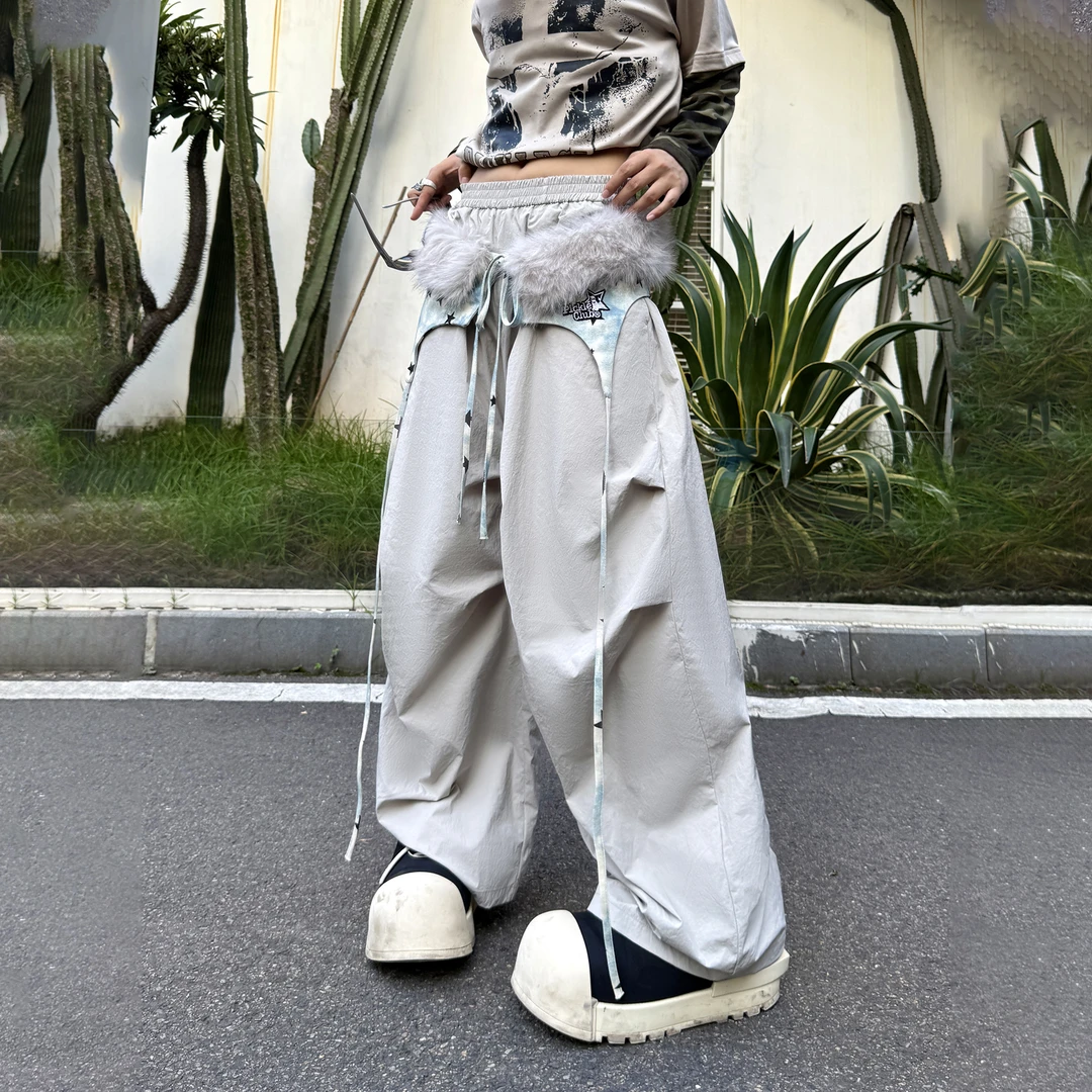 梁拌泡菜美式复古亚比毛毛怪休闲裤男女原创设计百搭跳舞裤伞兵裤