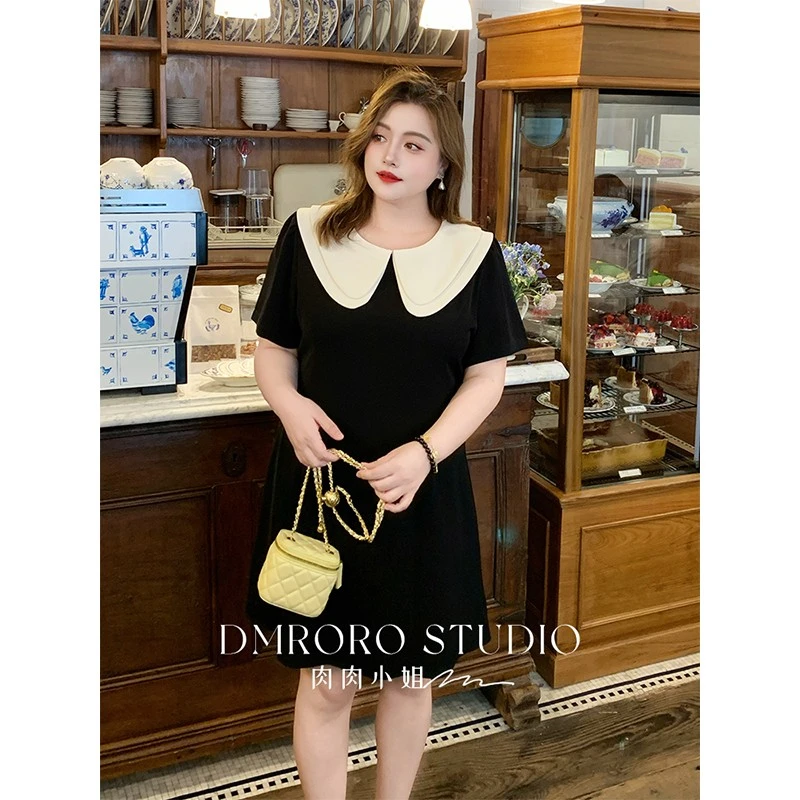 肉肉小姐大码女装夏季新品法式撞色娃娃领A字连衣裙胖mm长款显瘦