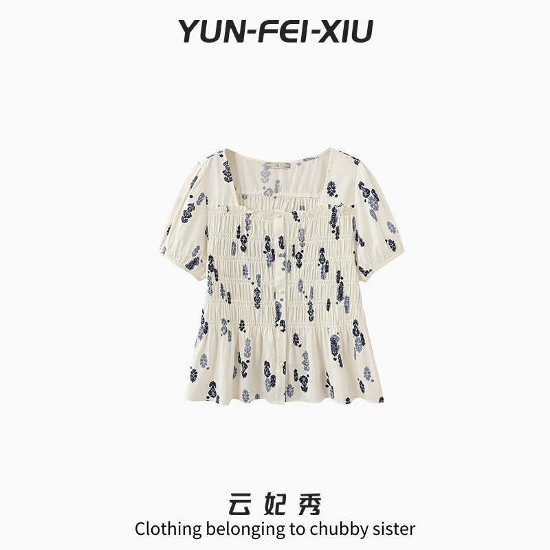 云妃秀大码女装衬衫方领褶皱时尚宽松显瘦胖妹妹短袖夏季88119