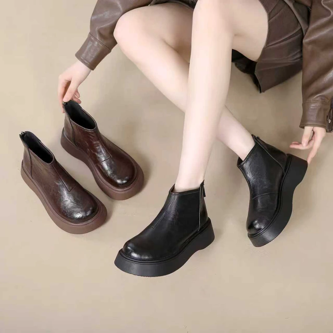 松糕底女短筒秋冬马丁靴靴子厚底胶粘修面皮防水圆头冬季复古