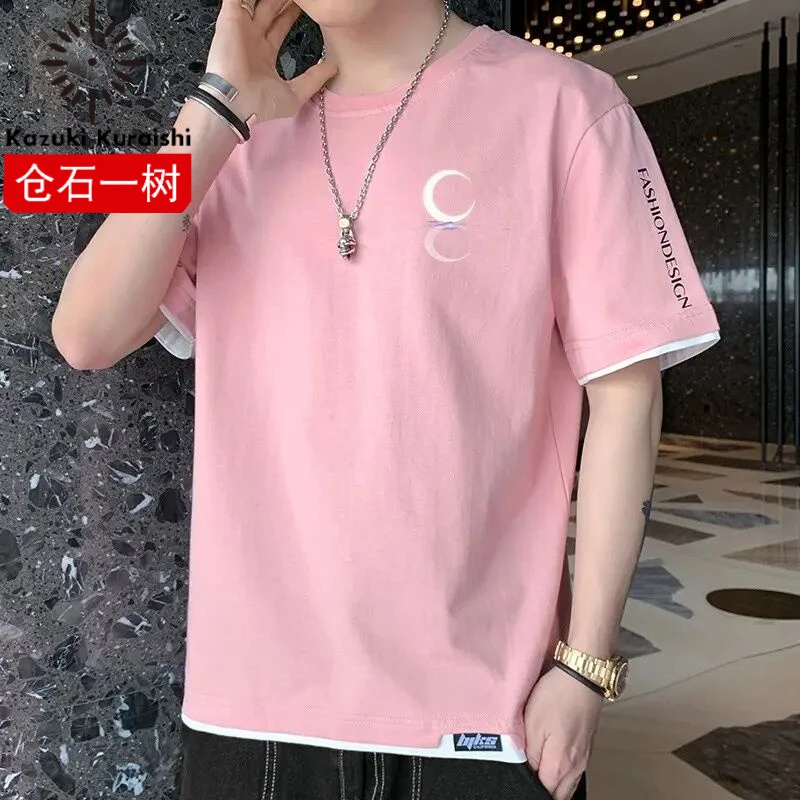 仓石一树夏季男士新款素色纯棉宽松短袖T恤港风休闲半袖T恤圆领