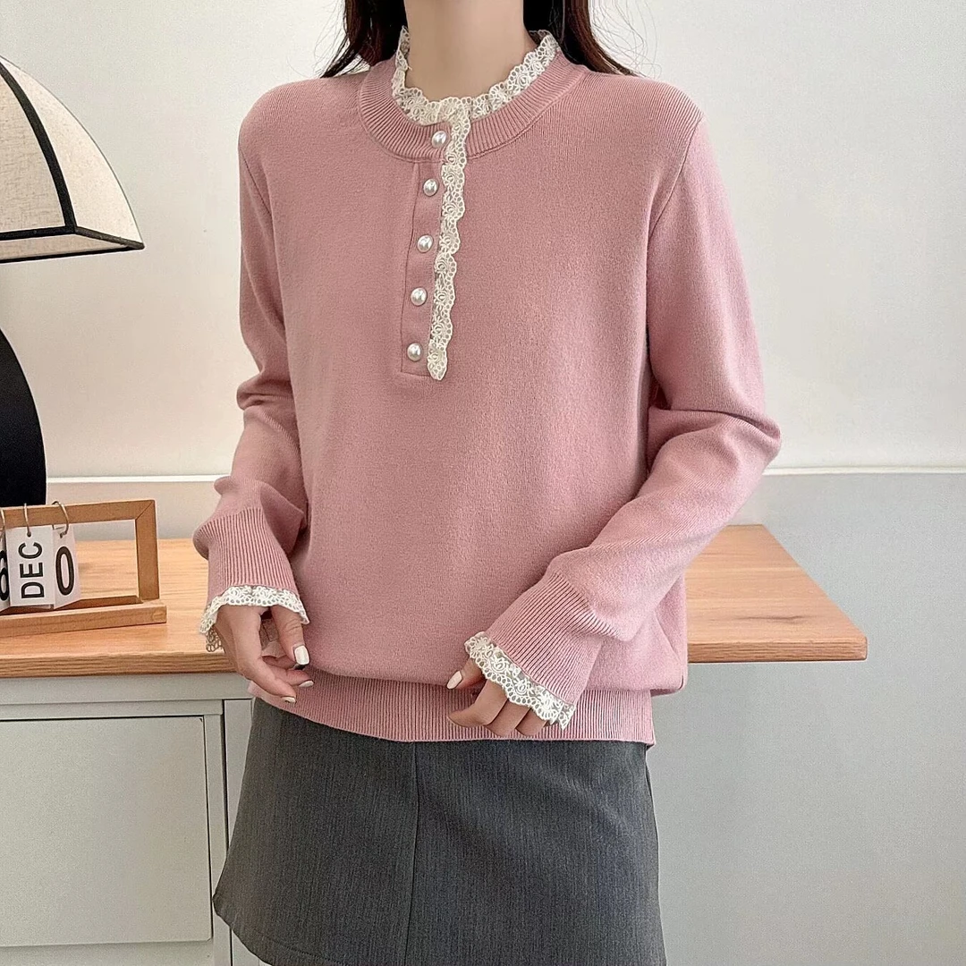 2025春季新款时尚休闲纯色花边领套头圆领百搭长袖针织毛衣