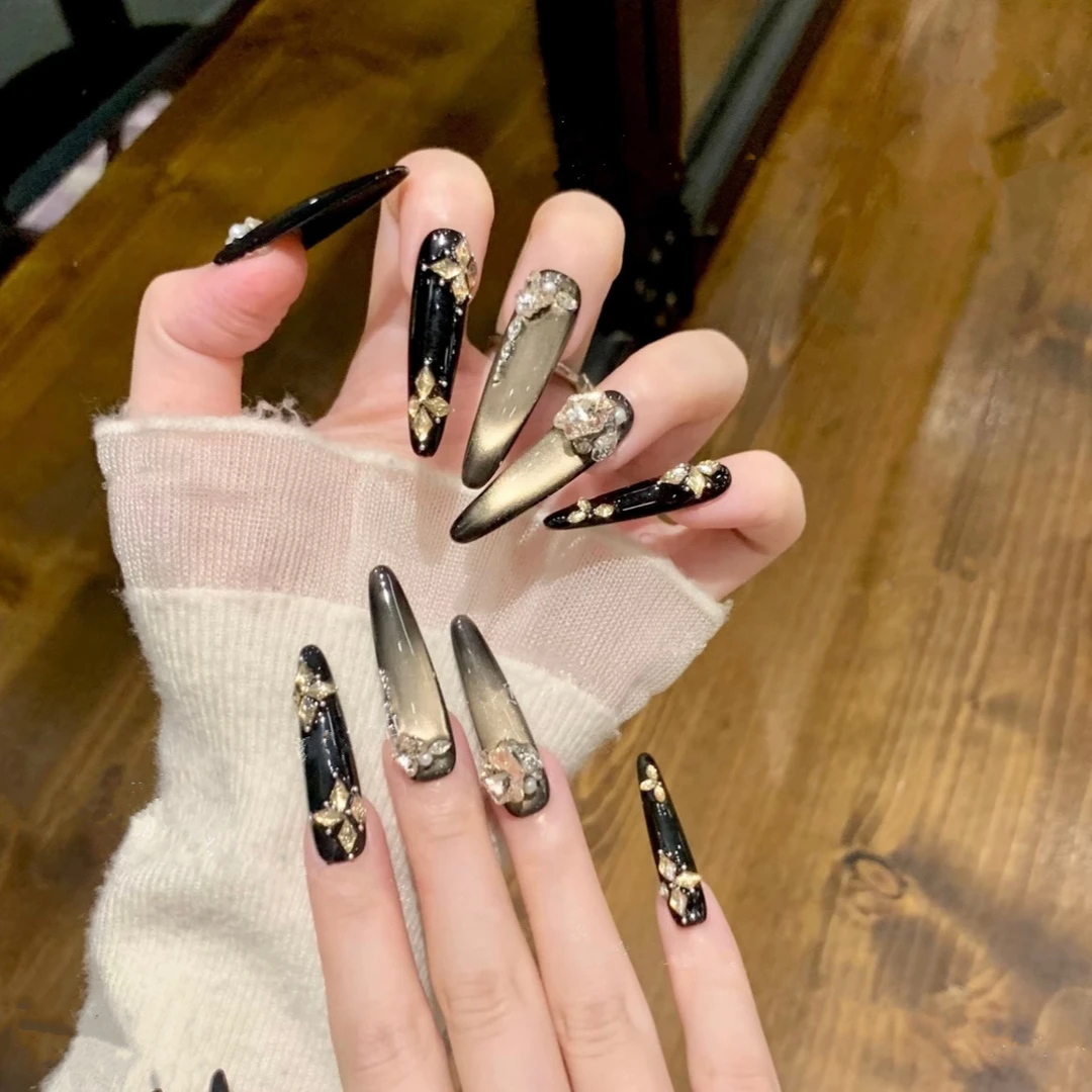 纯手工穿戴甲爆闪黑色猫眼锆石满钻深色系显白渐变穿戴式美甲贴片