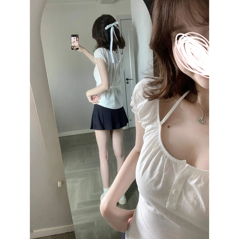 FRVXO【纯白之恋】挂脖系带设计短袖T恤女春季薄款甜美休闲上衣