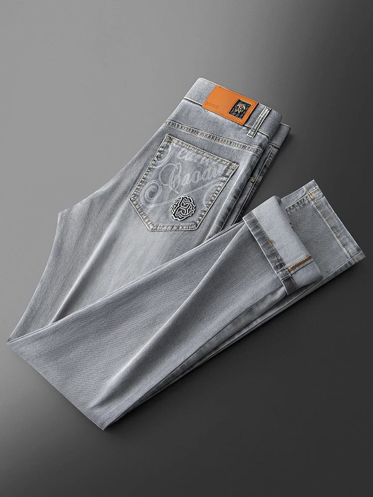 男士夏季时尚弹力精梳棉水洗百搭烟灰色男士修身小直筒休闲牛仔裤