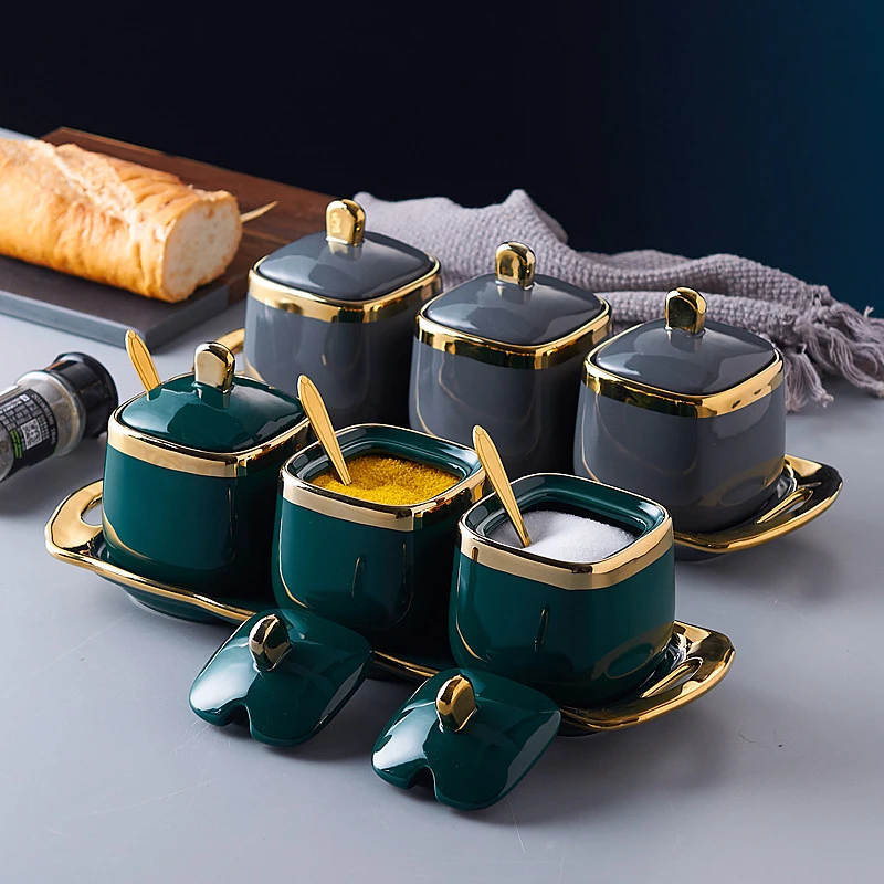 轻奢陶瓷调味罐厨房用品调料罐套装家用调料盒三件套盐罐