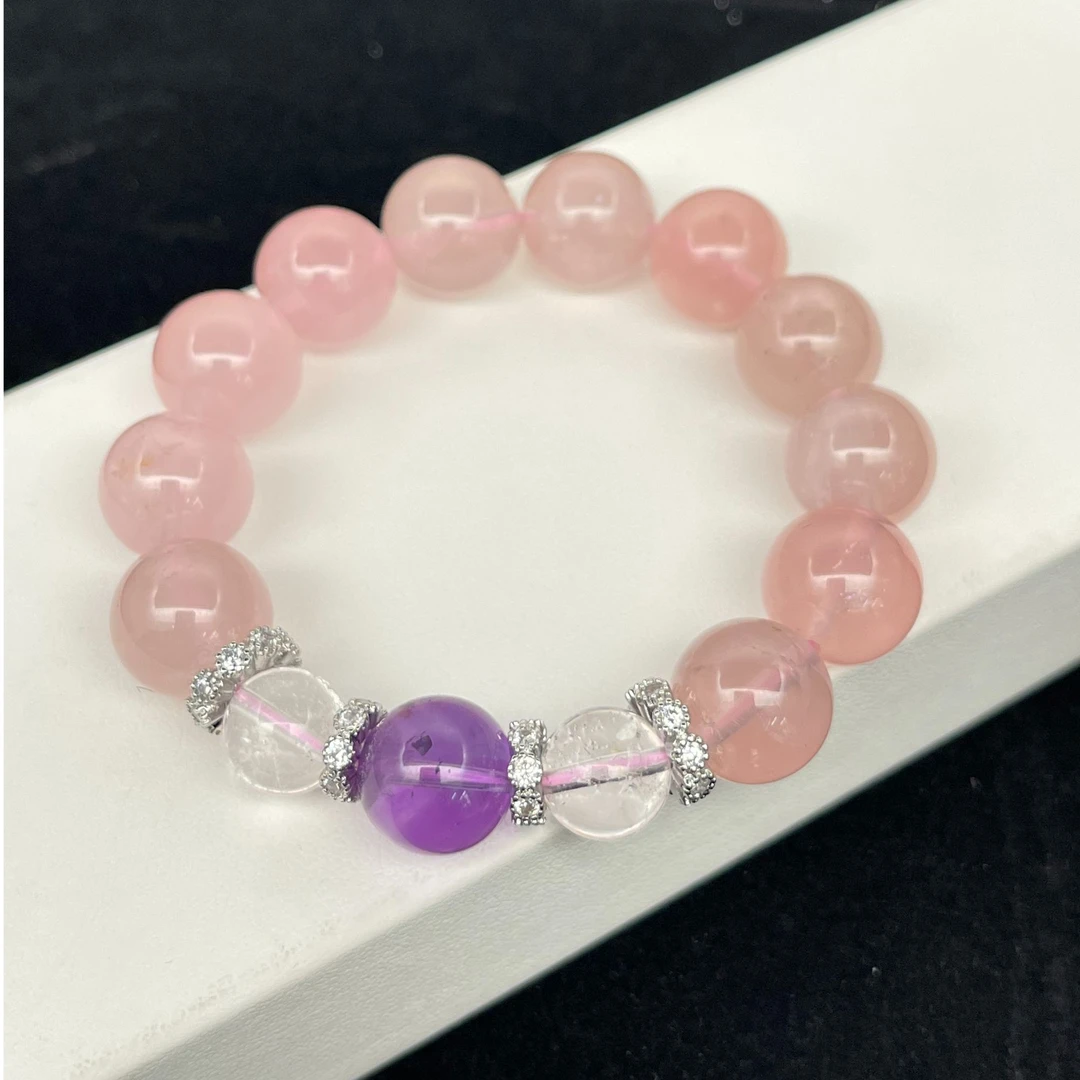 【碧桃】天然粉水晶13mm+紫水晶12mm+白水晶10mm招聚桃花手串