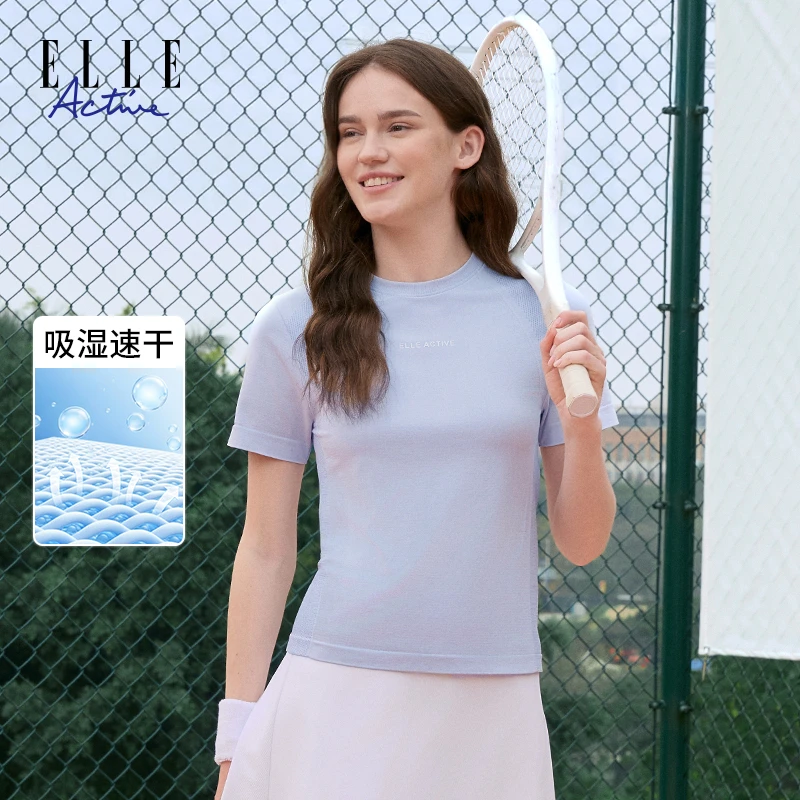 ELLE Active夏季多巴胺运动速干衣吸湿透气短袖T恤女拼接圆领上衣