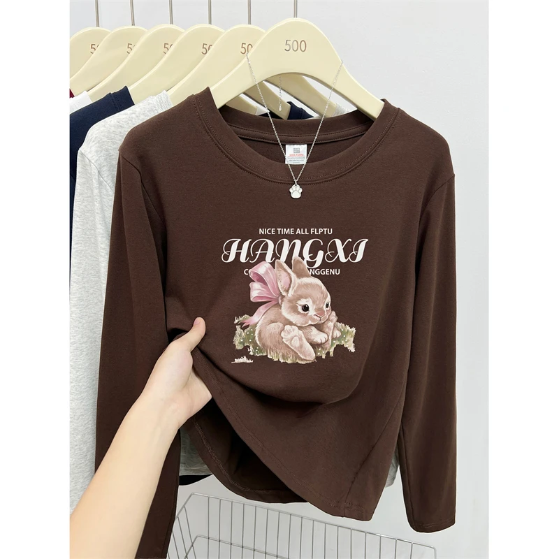 大码圆领兔子印花正肩长袖T恤女2025秋季新款胖mm遮肉打底衫上衣