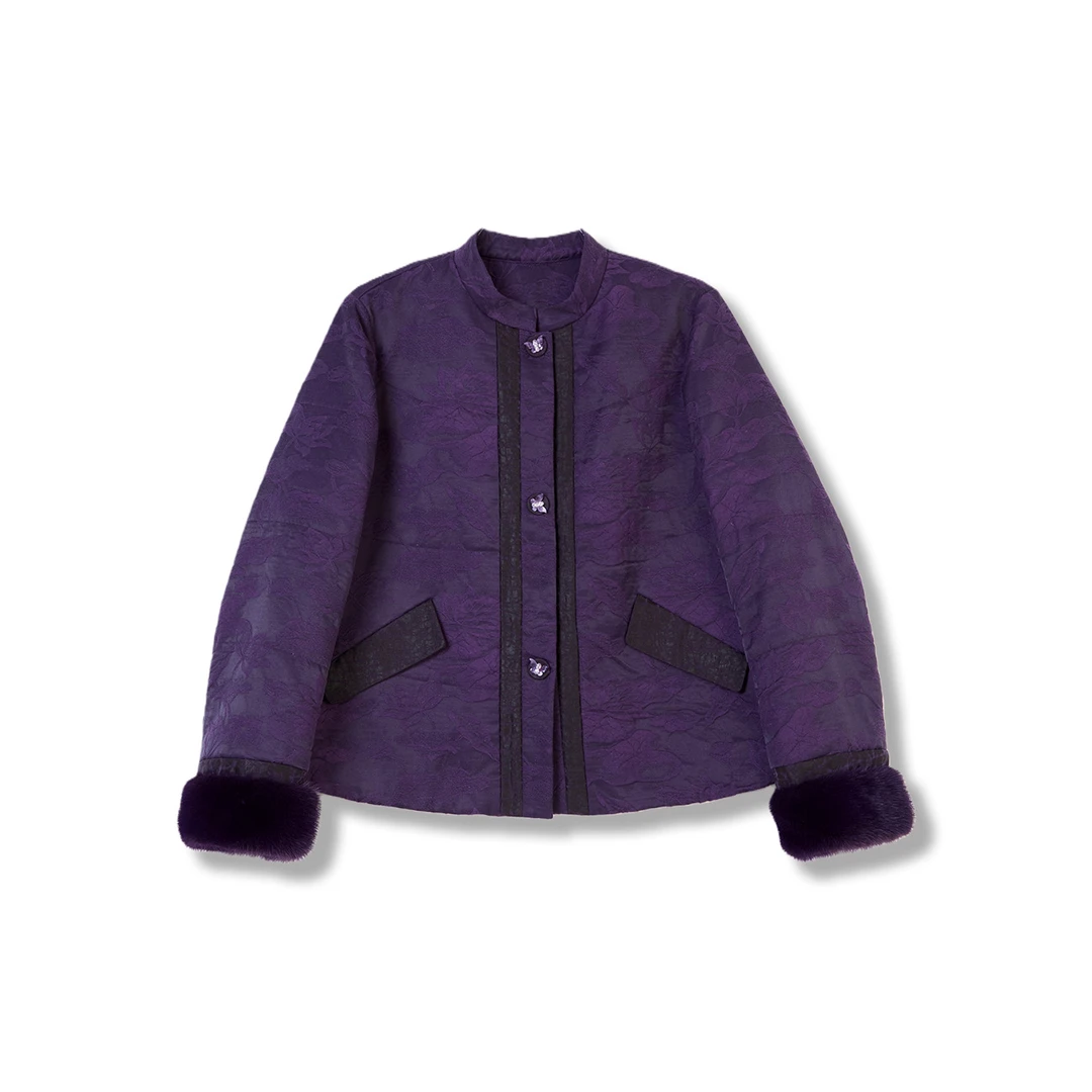 【岚岚专属】荷花油丝香云纱拼水貂袖套桑蚕丝棉袄 42269