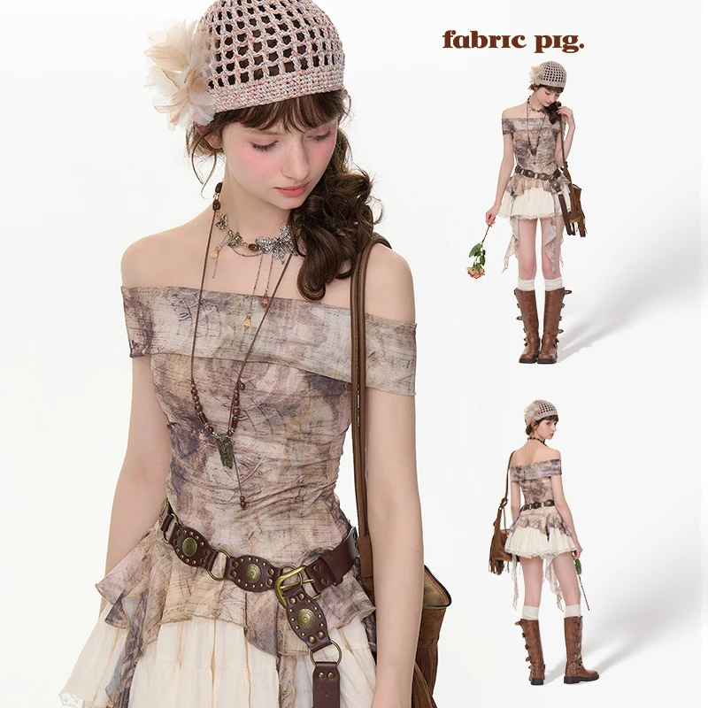 复古原野 织物猪原创 废土风棕色一字肩印花上衣女夏蓬蓬显瘦短裙