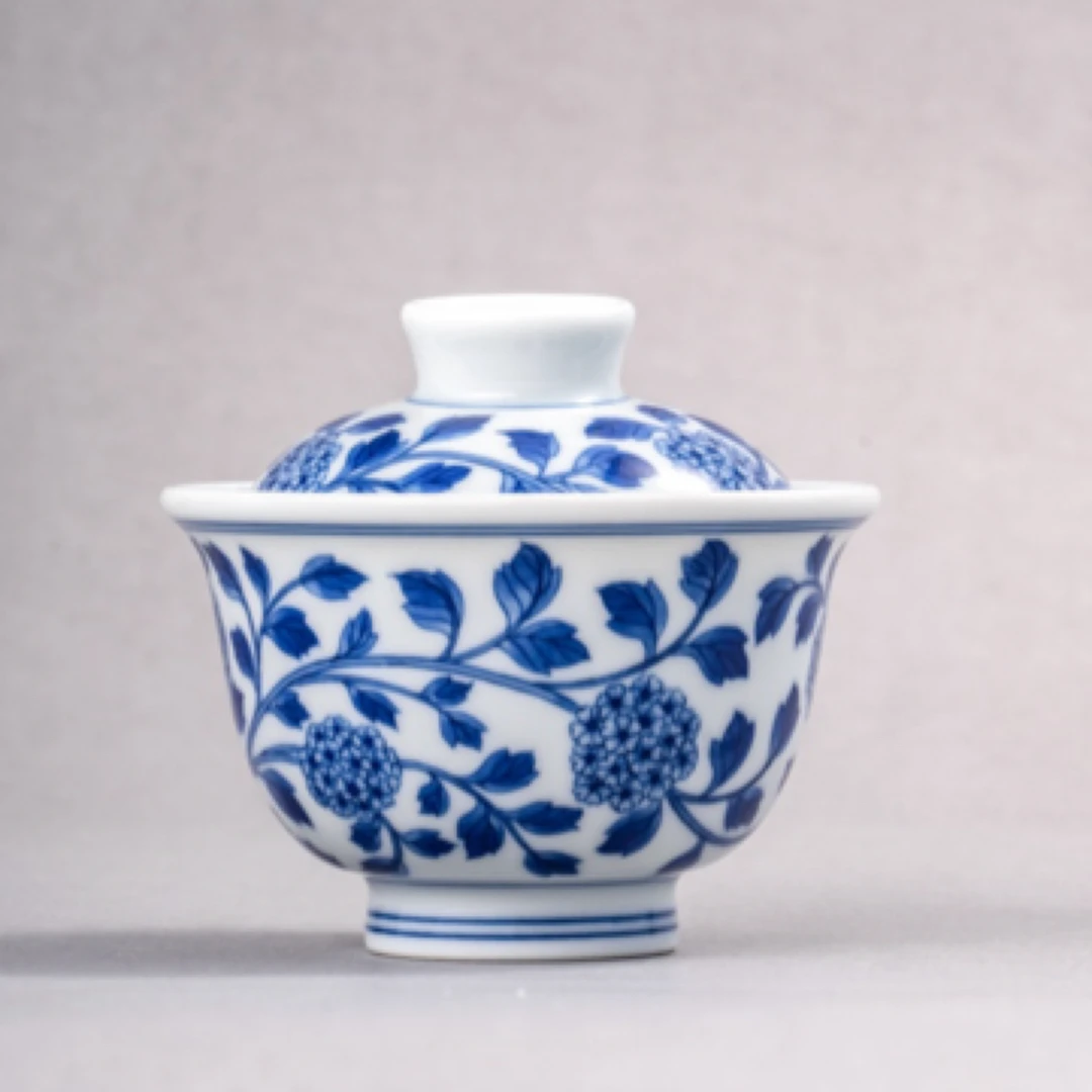 春风祥玉，青花绣球花盖碗