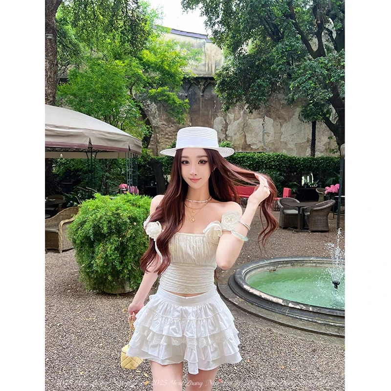 【玫瑰白茶】名媛风立体装饰高级感收腰一字肩T恤+高腰显瘦半身短裙