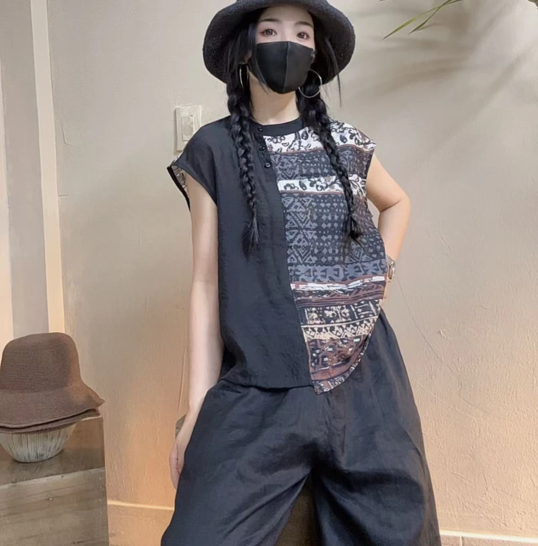 （方块+黑咖）数码印花麻料小立领无袖百搭夏季显瘦小衫女AYM 2510