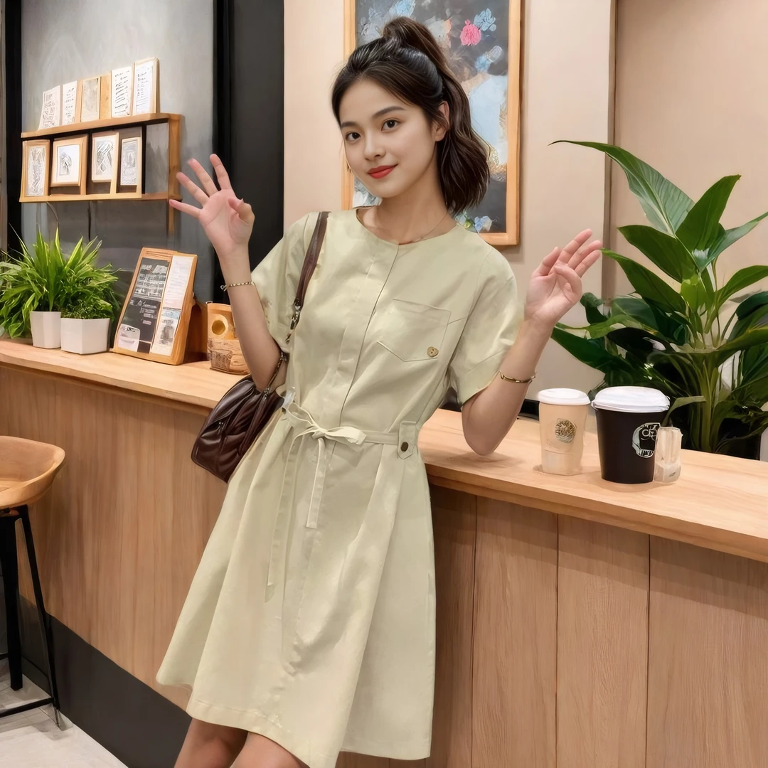 韩系简约短袖连衣裙女夏2025新款小个子圆领收腰工装衬衫裙中长款