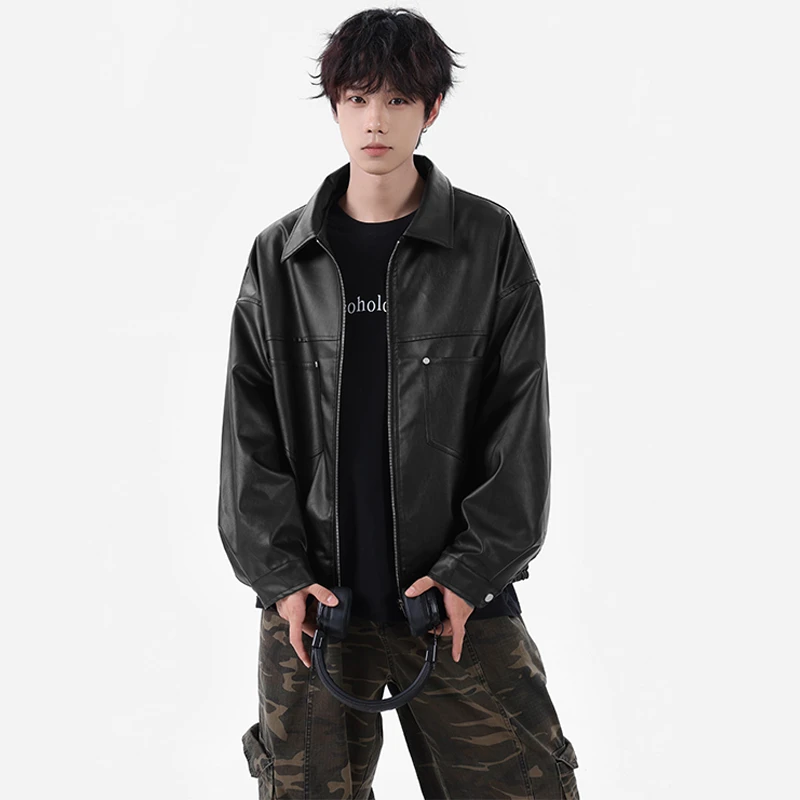 GETEVI25秋季潮流美式翻领短款皮衣夹克百搭宽松春秋休闲秋季外套