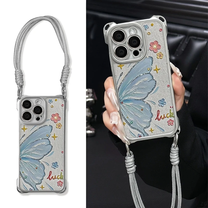 油画半只蝴蝶花电镀银挂绳四角防摔适用于iPhone苹果华为op手机壳