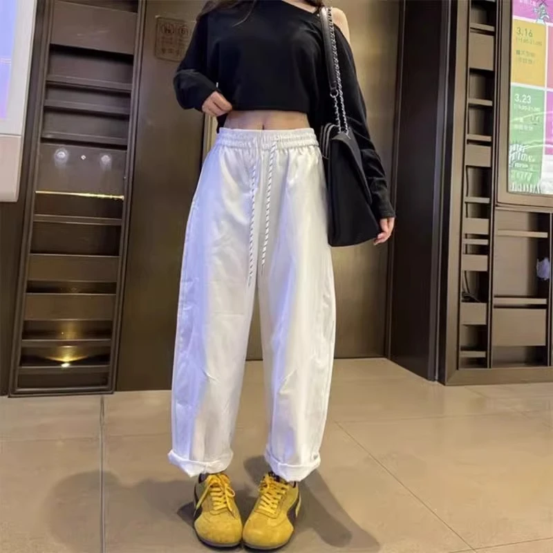 2025春季新款绑带松紧高腰宽松休闲阔腿裤女直筒裤气球裤萝卜裤