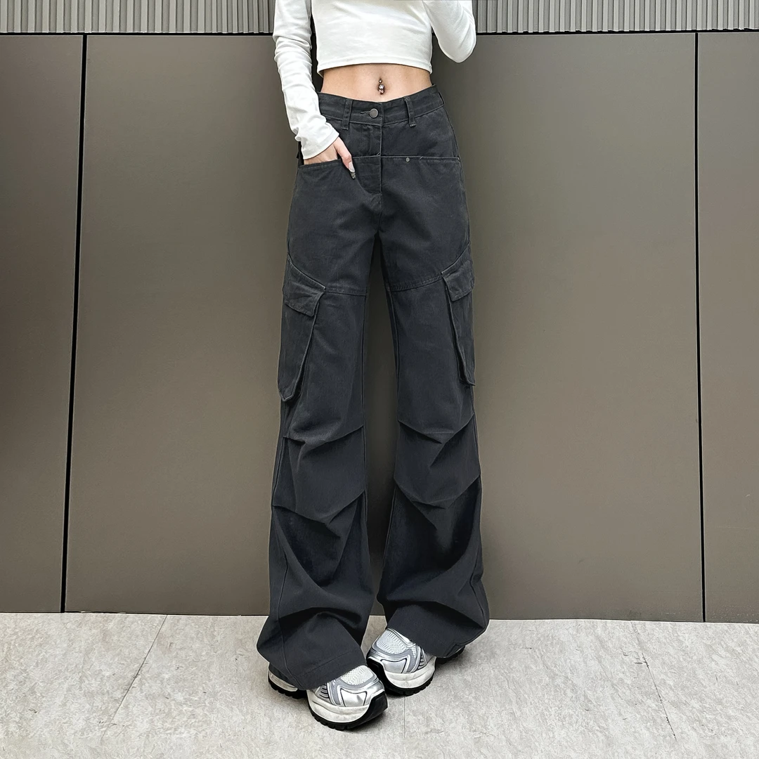 2026春灰色高腰直筒宽松休闲裤女秋装显瘦褶皱多工装裤Y1003