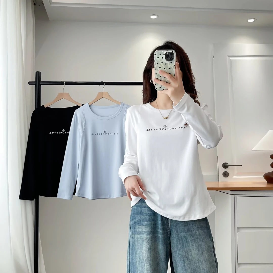 印花长袖女大码女款圆领长袖T恤春季纯色秋季秋冬746