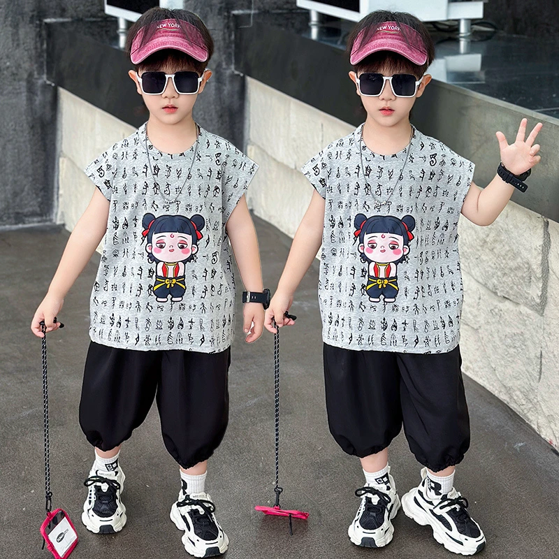 男童夏装无袖背心套装哪吒儿童休闲时尚潮牌服装宝宝夏季薄款衣服