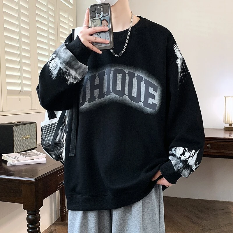 春季新款韩版字母印花潮流上衣青少年长袖港风休闲圆领套头卫衣