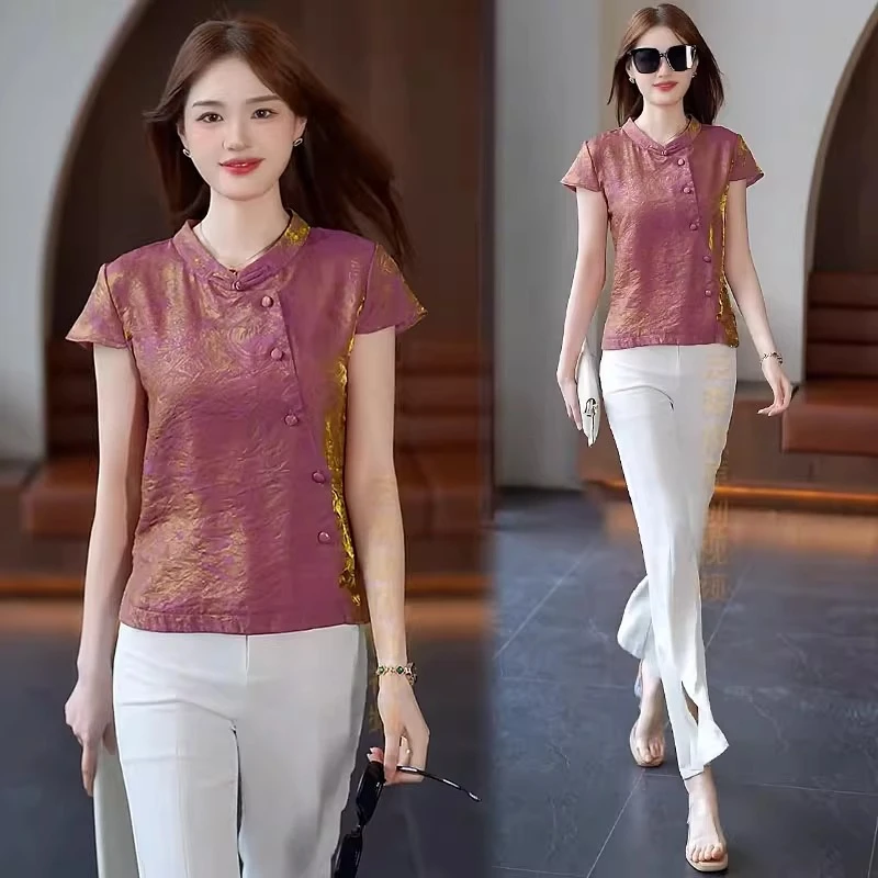 新中式国风短袖衬衫女士2025夏季新款立领盘扣小个子提花小衫上衣