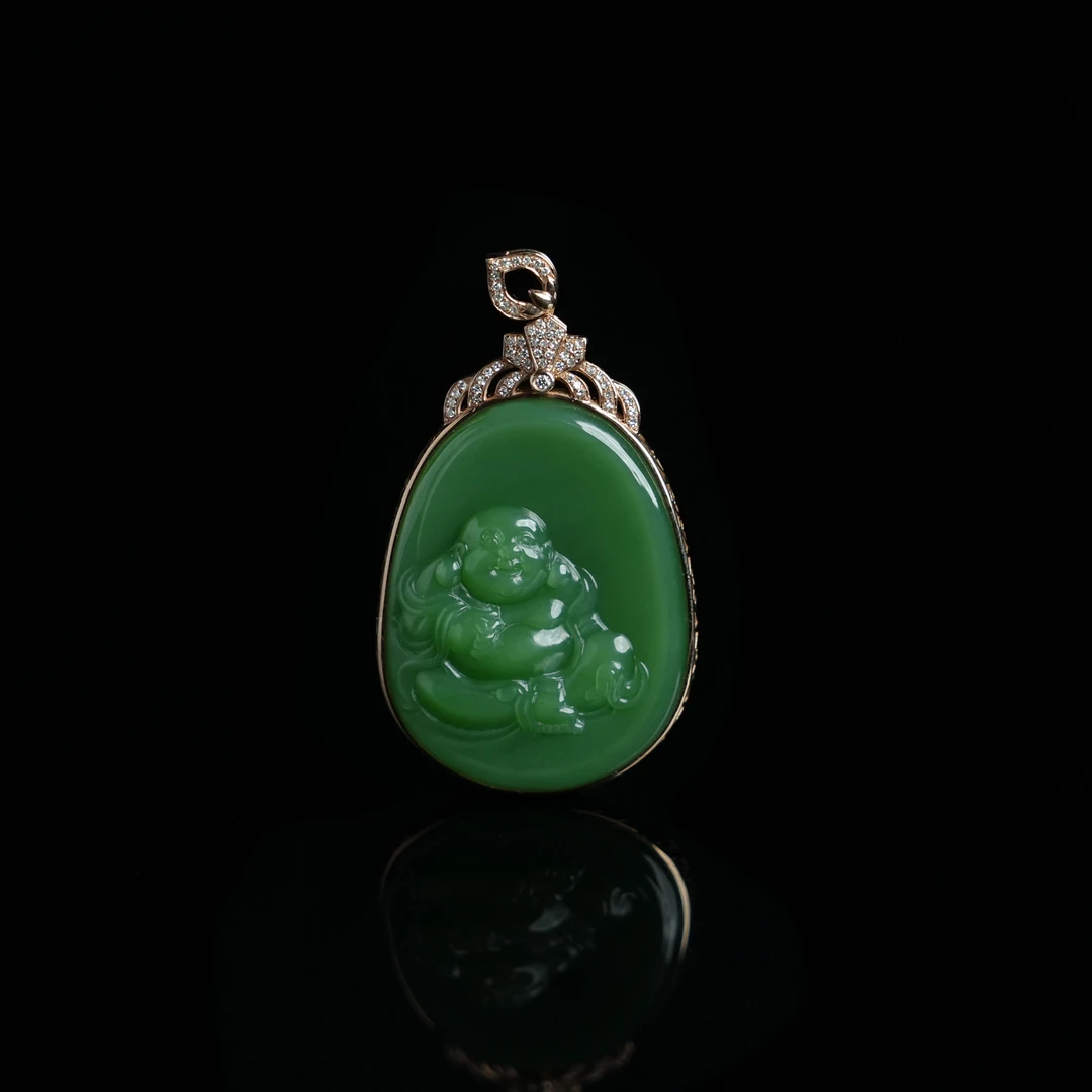 V姐|稀缺|和田玉粉绿佛公吊坠 56*31*10mm-18k金-YY9326