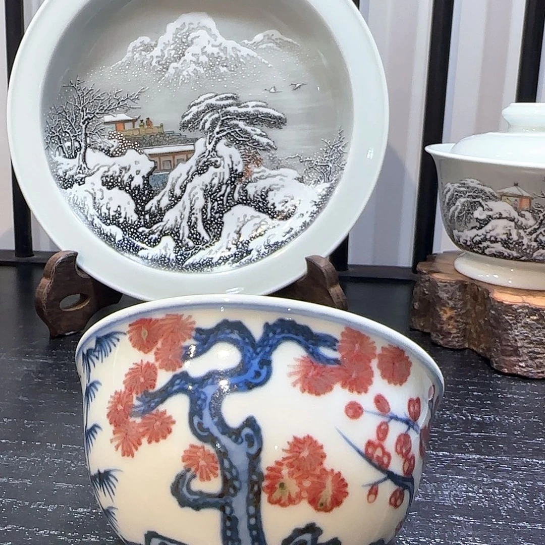 摆件瓷松竹梅主人杯釉里红