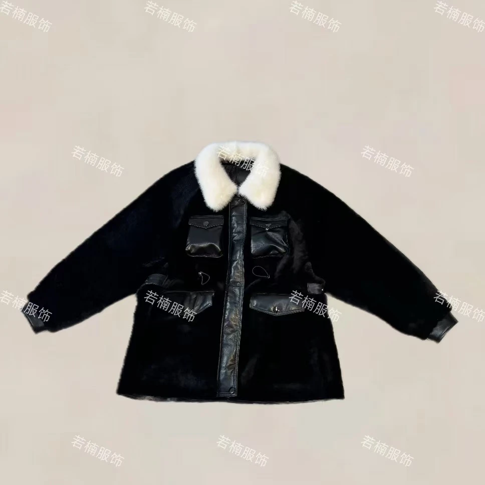 【若楠服饰】时装黑色水貂领休闲加厚皮衣外套-32547
