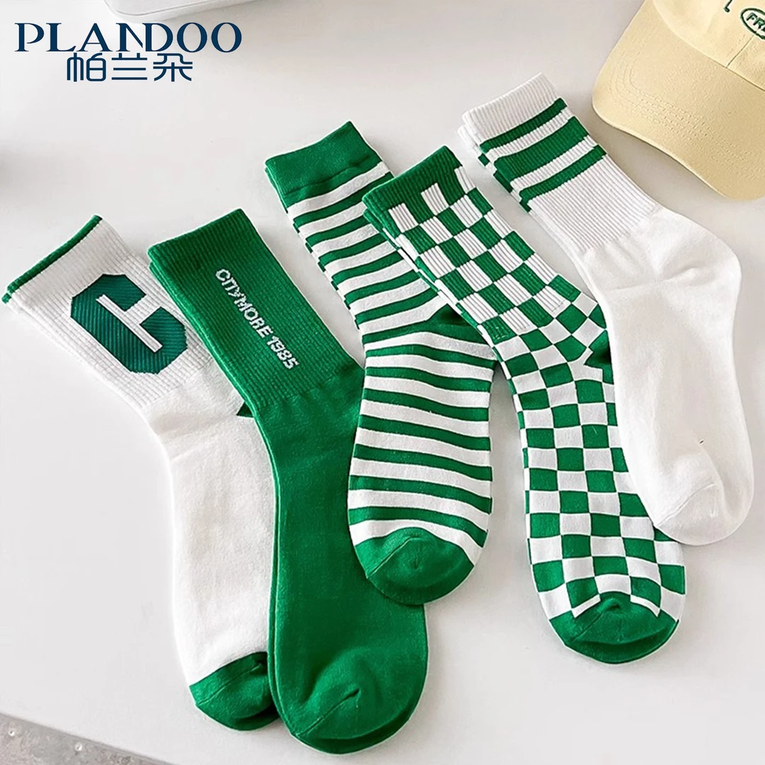 绿色中筒袜春秋纯棉ins潮条纹袜子女男士运动袜全棉诸暨袜子春夏