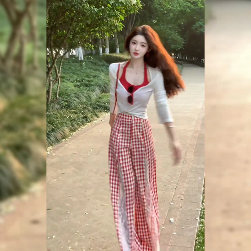 韩版气质慵懒小众上衣背心女装2025夏季新款休闲蕾丝格纹长裤套装