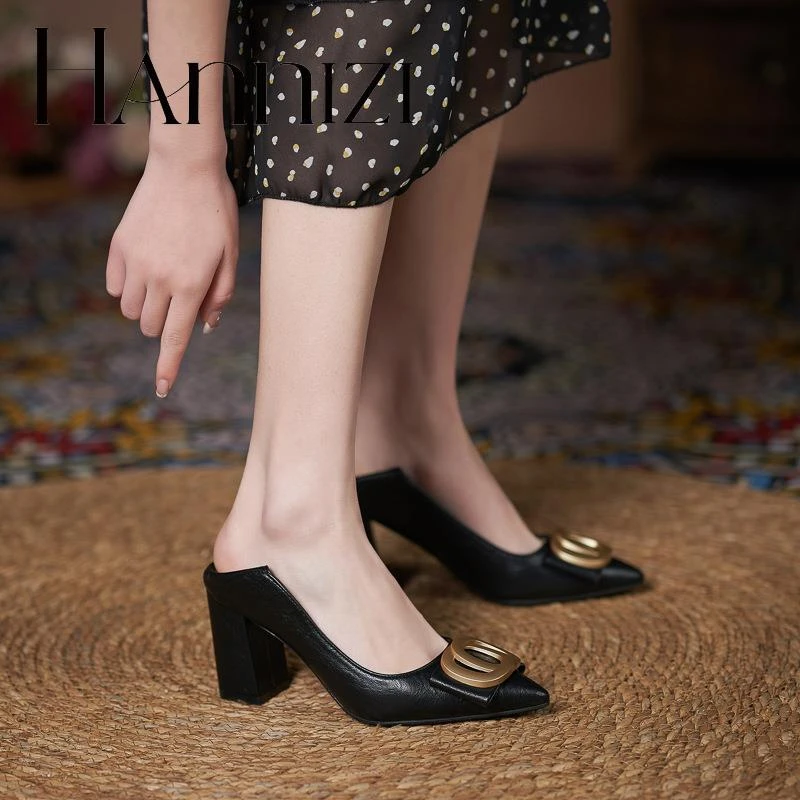 hannizi黑色高跟鞋粗跟通勤职业工作鞋小码单鞋女大码休闲时尚