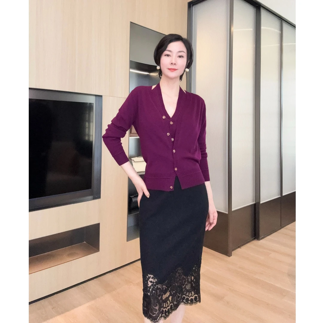 秋冬法式气质定染紫色羊毛针织开衫X344