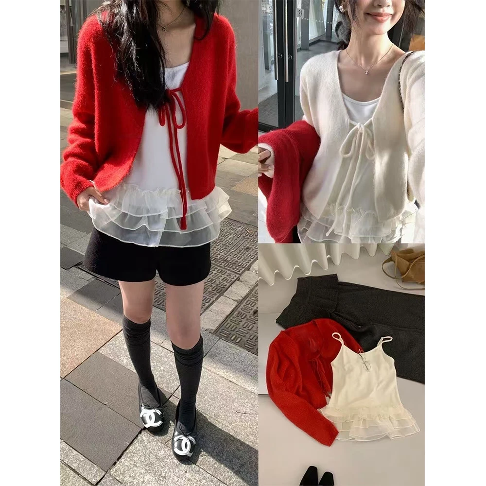 新年红色毛衣V领针织开衫＋木耳花边加绒吊带两件套冬季23709#