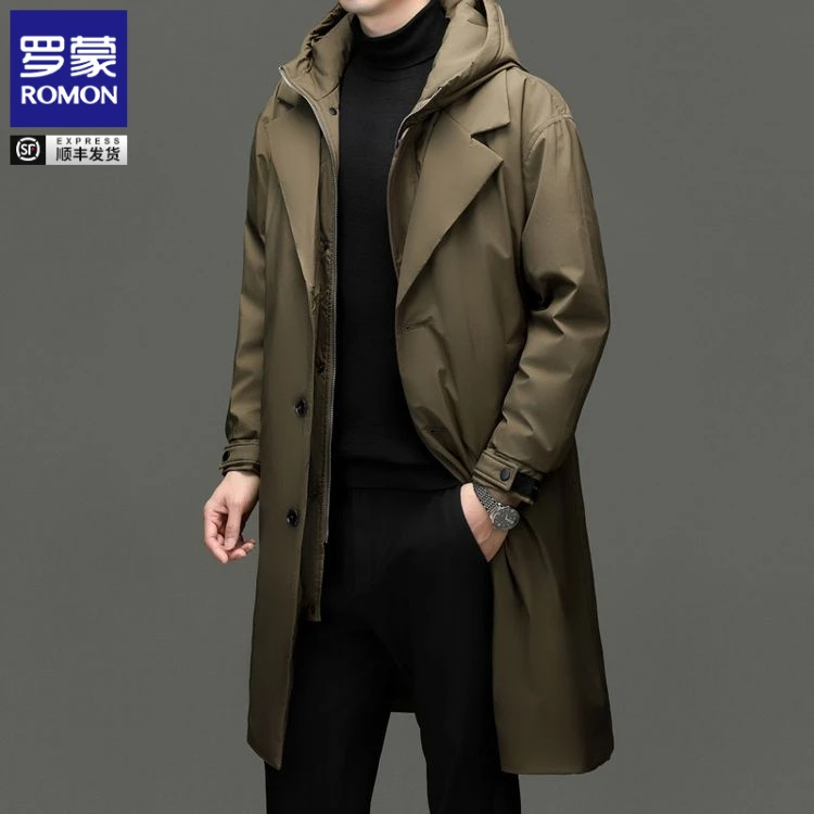 罗蒙冬季中长款羽绒男加厚连帽防寒新款假两件韩版风衣保暖外套