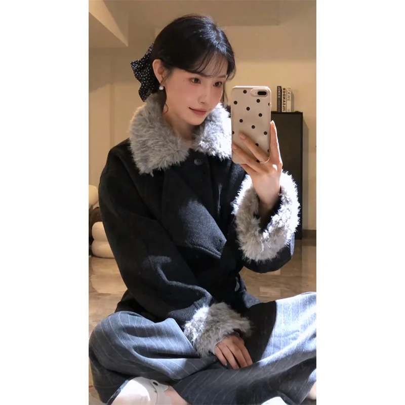 2025秋季新款法式设计感宽松拼接毛绒绒长袖外套高腰显瘦阔腿长裤