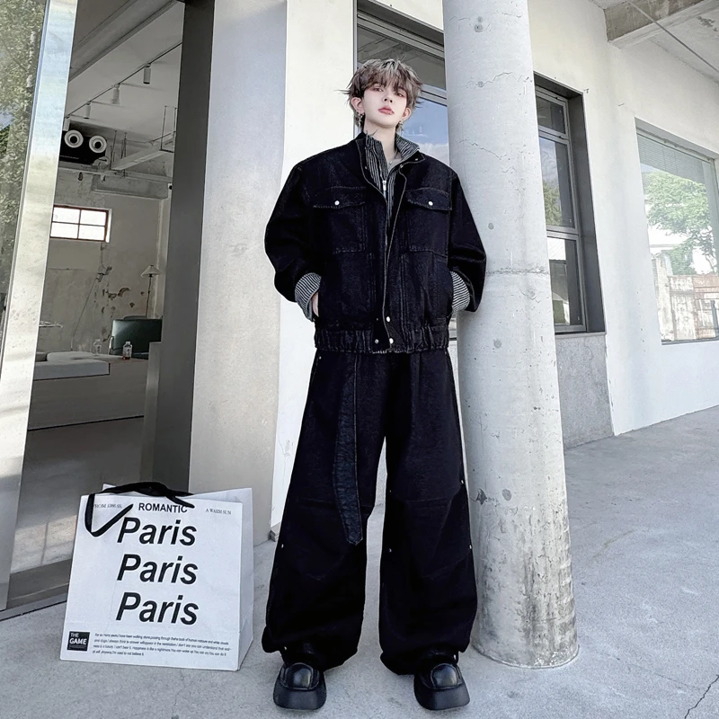 美式高街条纹撞色假两件立领夹克牛仔套装男腰带款阔腿长裤两件套