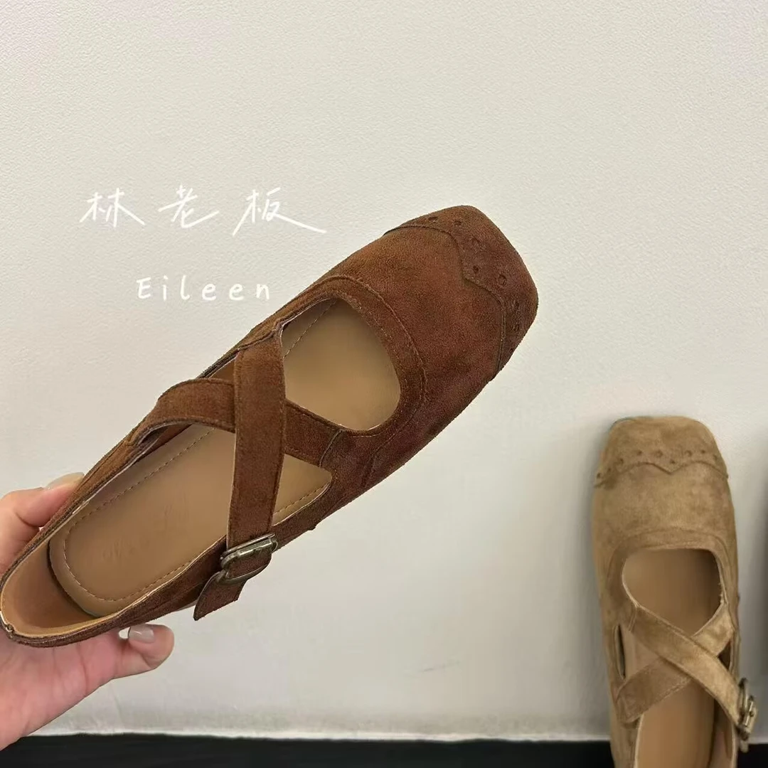 复古方头交叉带绒面玛丽珍鞋女2025秋季仙女风平底芭蕾单鞋奶奶鞋