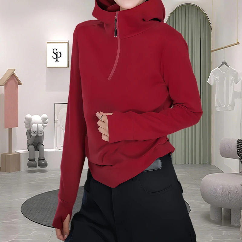 显瘦高级感修身拉链连帽卫衣女2025新款纯色简约休闲长袖T恤女装