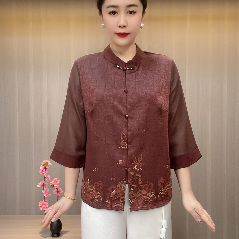 8567夏季新款印花七分袖时尚中老年女装时髦开衫加肥加大妈妈装