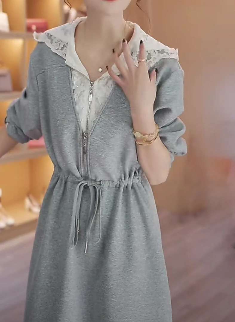 1081早秋穿搭小个子定制蕾丝拼接卫衣裙连帽时尚运动休闲秋季套装