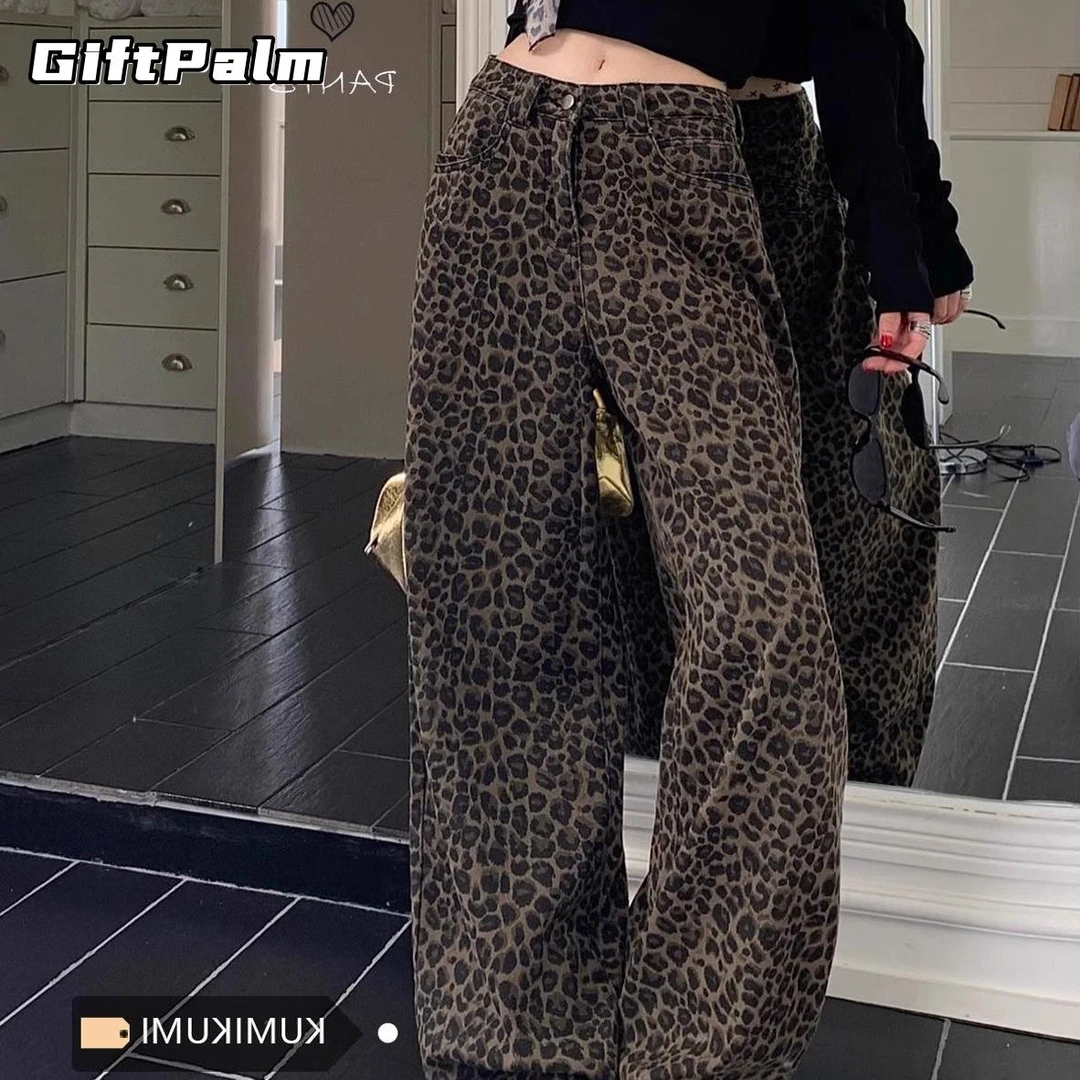 GiftPalm胖妹妹复古豹纹高腰阔腿牛仔裤女辣妹百搭直筒裤休闲拖地