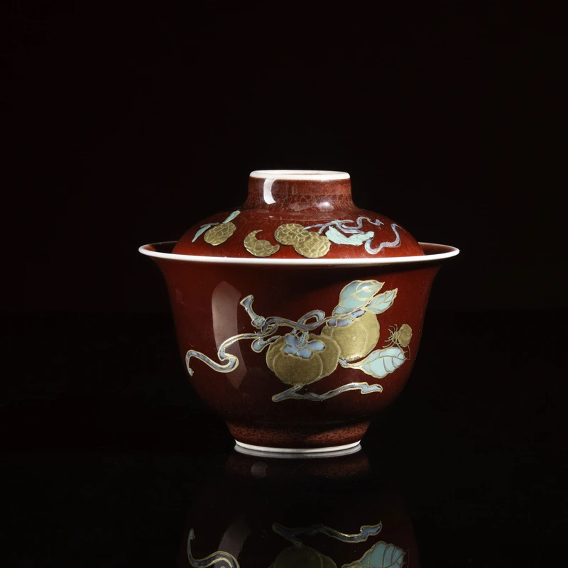 景德镇玉蜂陶瓷精品手工手绘郎红描金诸事顺利小二才盖碗