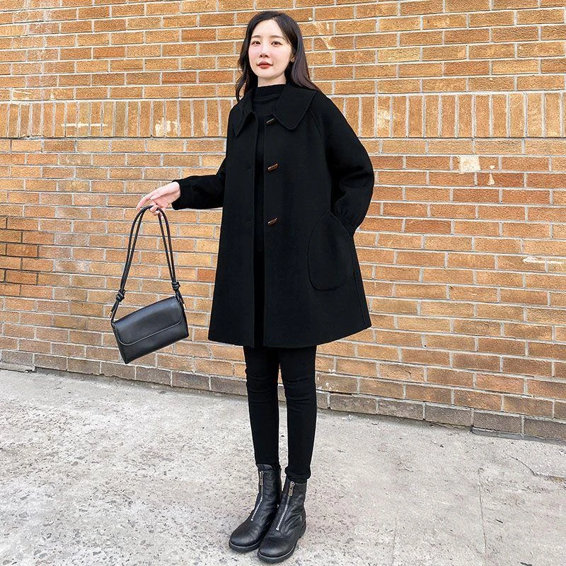 2025秋冬新款韩版宽松牛角扣毛呢外套女中长款大衣显瘦气质外套