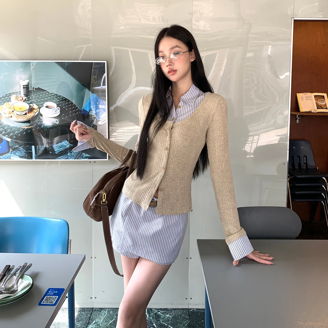 ML 5741假两件针织衬衫蓝色半身裙两件套女秋季高级感别致法式