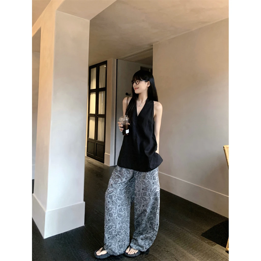 复古慵懒感黑色V领宽松挂脖上衣套装女百搭印花休闲阔腿裤两件套