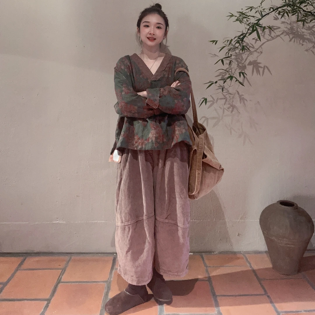 复古亚麻印花加绒小衫